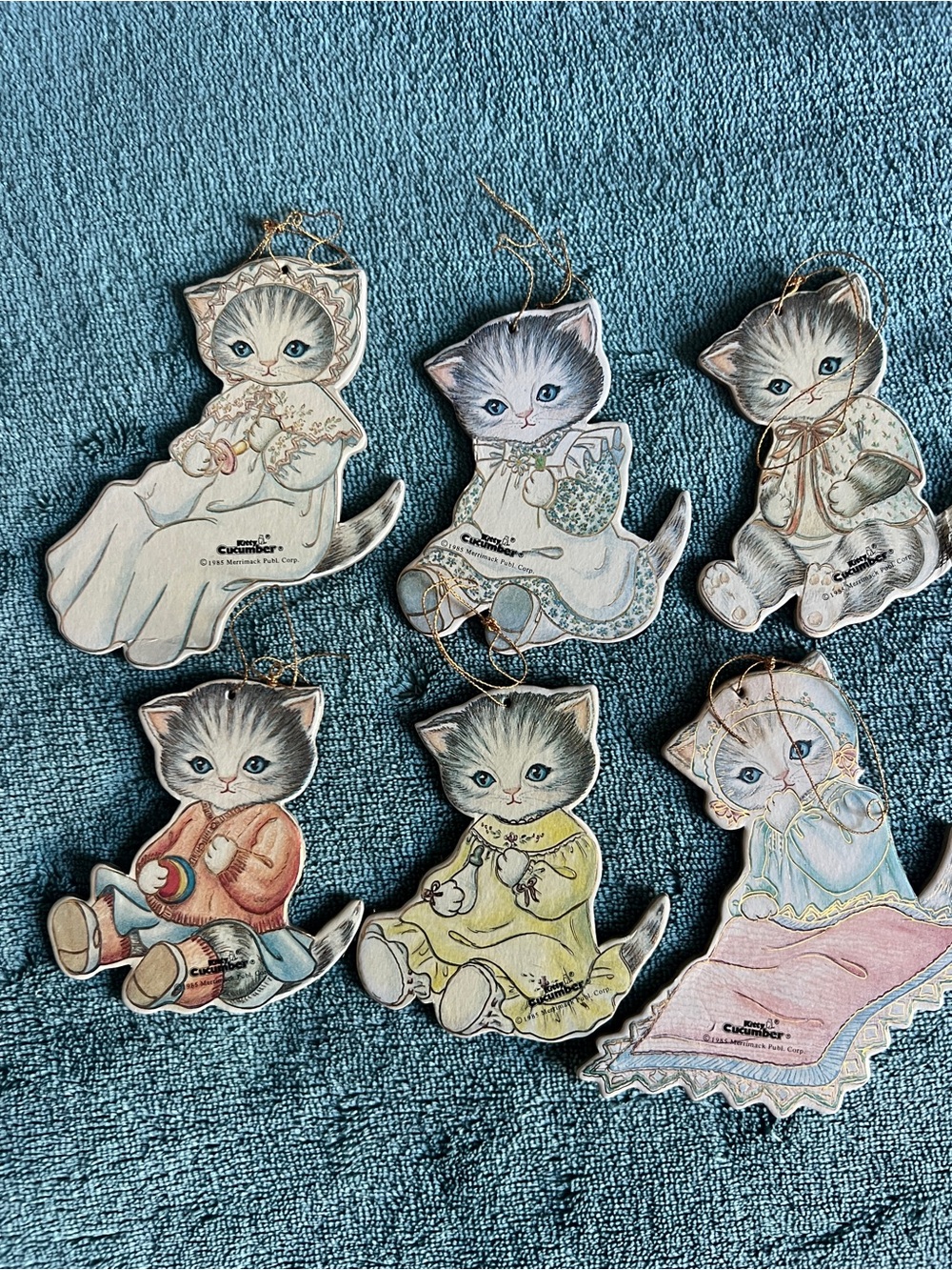 Vintage 80s Kitty Cucumber Diecut Hanging Ornaments